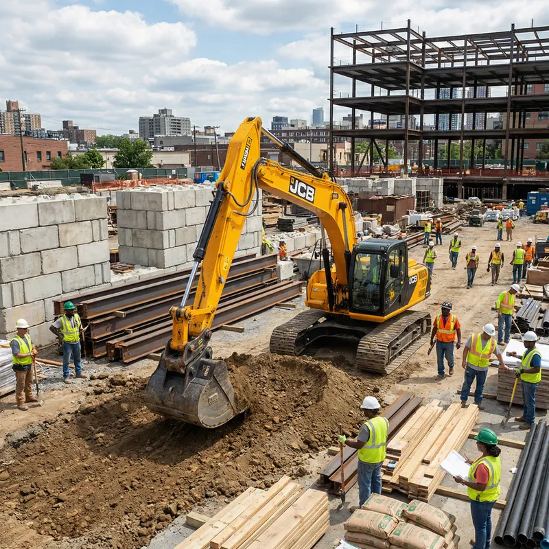 Massive JCB Machine Working on Construction Site Massive JCB Machine Working on Construction Site