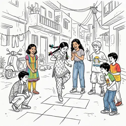 Indian 90's Kids Joyful Outdoor Game Line Art Illustration