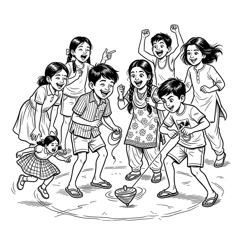 Indian Kids Playing Spinning Top | Nostalgic White Background Art