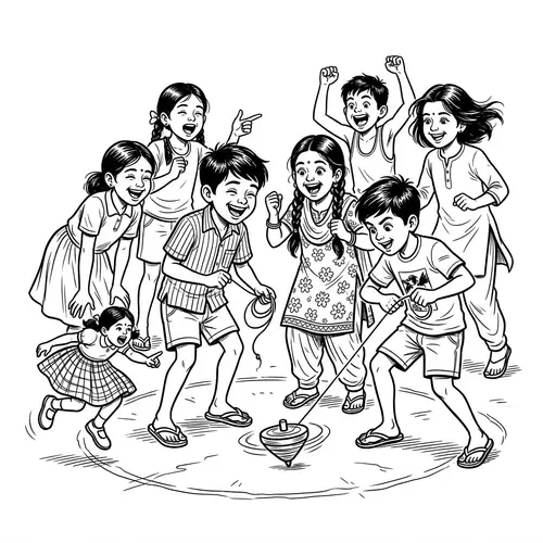 Indian 90s Kids Spinning Top Game | Line Art Illustration