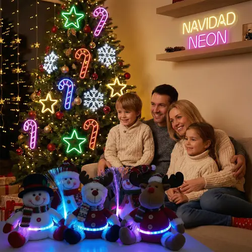 Cozy Family Christmas Photo with Neon Lights