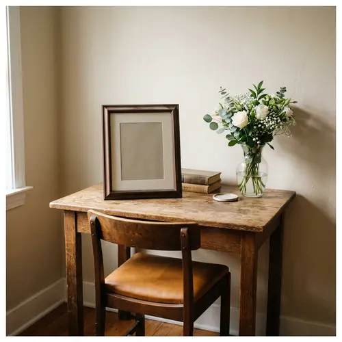 Vintage Photo Frame on Wooden Table with Fresh Flowers