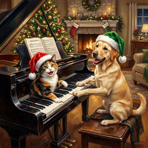 Tricolor Cat and Labrador Dog Playing Piano with Christmas Hats