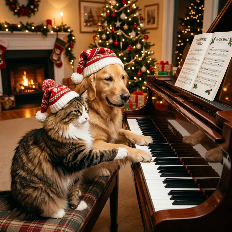 Norwegian Forest Cat and Golden Retriever in Christmas Hats Playing Piano