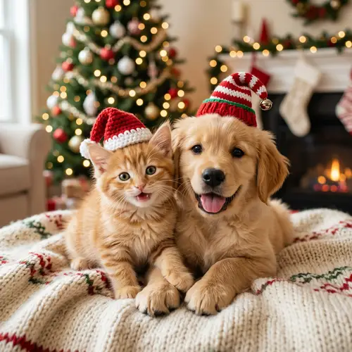 Cute Kitten and Puppy in Festive Holiday Hats | Photorealistic Art