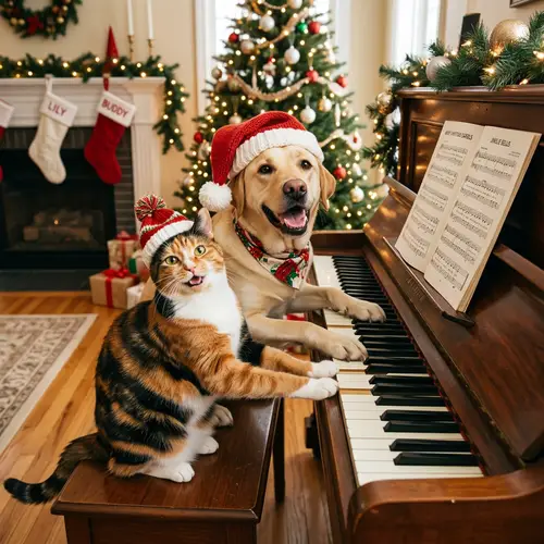 Christmas Kitty and Labrador Playing Piano Together