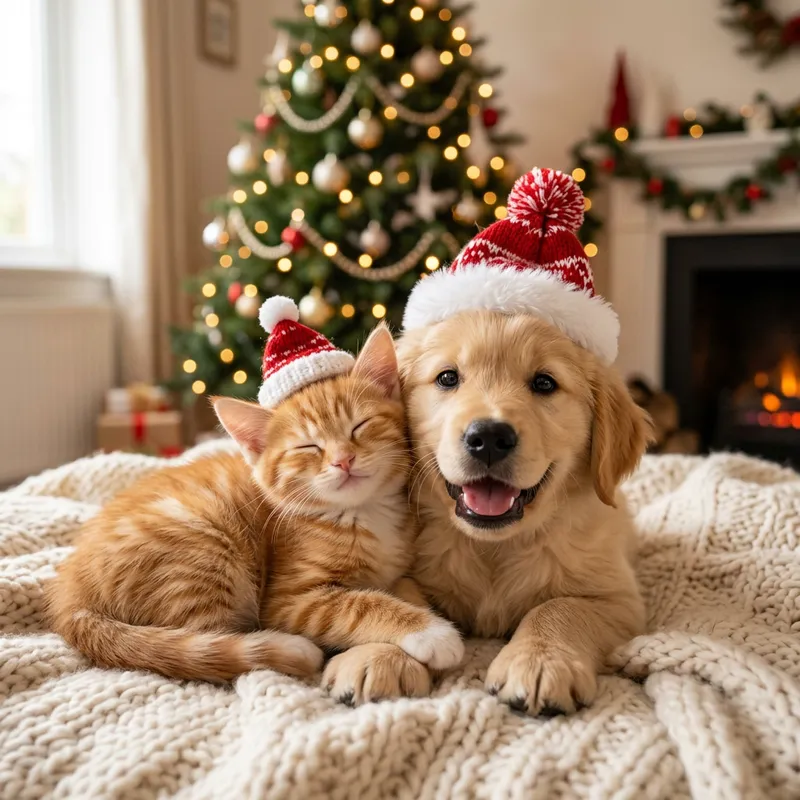 Adorable Kitten and Puppy in Christmas Hats | Sweet Holiday Pets