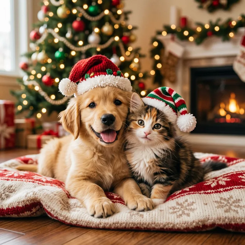 Cute Kitten and Puppy in Santa Hats | Heartwarming Holiday Cheer