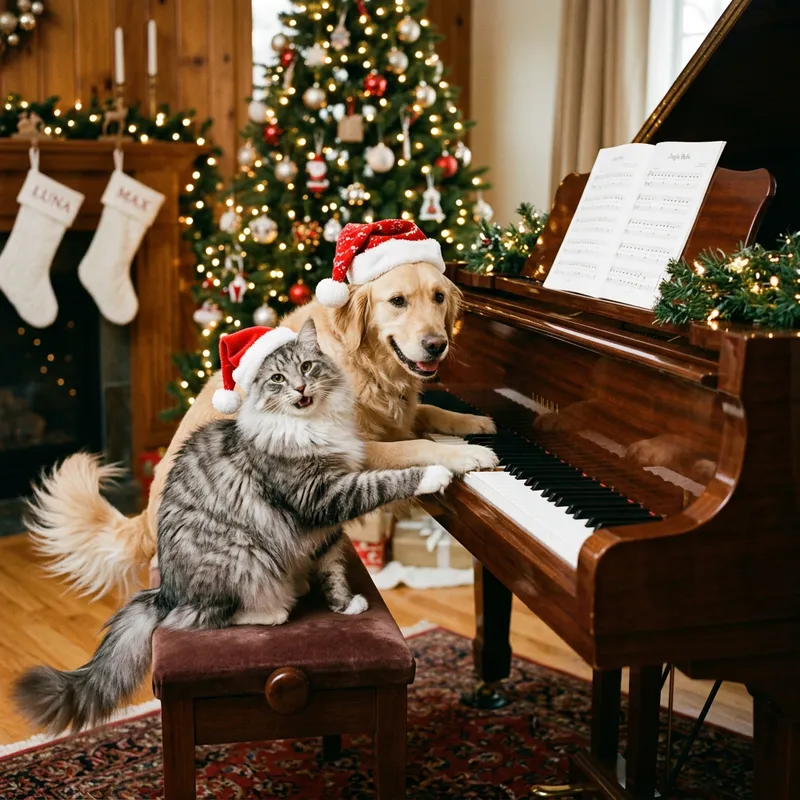 Happy Norwegian Cat and Golden Retriever in Christmas Hats Playing Piano Happy Norwegian Cat and Golden Retriever in Christmas Hats Playing Piano