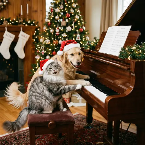 Norwegian Cat and Golden Retriever Playing Piano in Christmas Hats