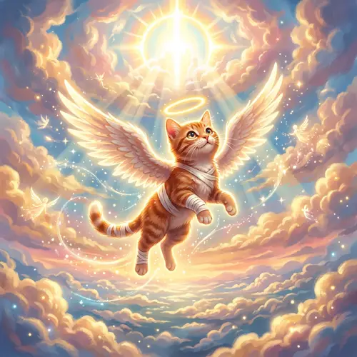 Angelic Red Cat with Wings and Bandages Among Clouds