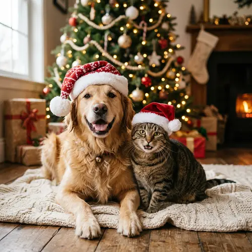 Happy Cat and Dog in Christmas Hats