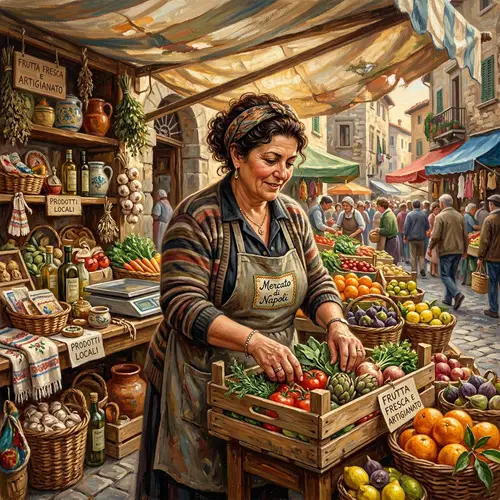 Italian Female Merchant in Traditional Market Setting - Detailed Oil Painting
