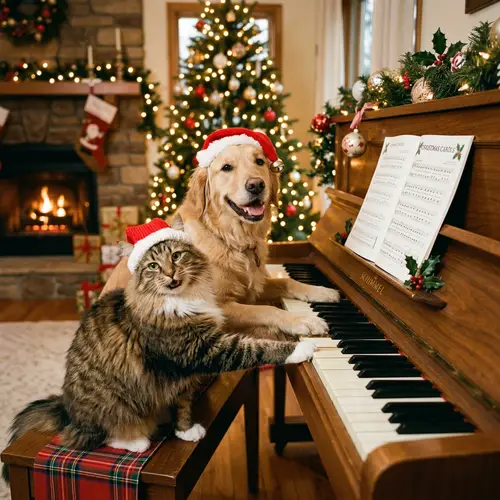 Jovial Norwegian Cat and Golden Retriever Playing Christmas Piano