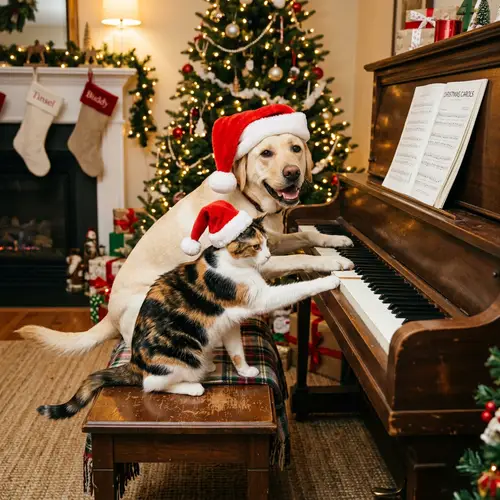 Tricolor Cat and Labrador Dog in Christmas Hats Playing Piano
