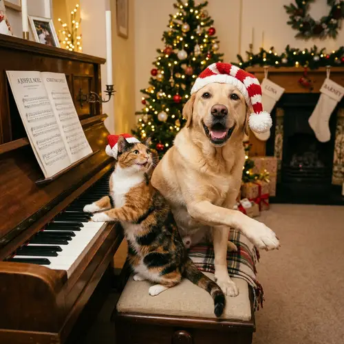 Happy Tri-Colored Cat and Labrador Dog Playing Christmas Piano