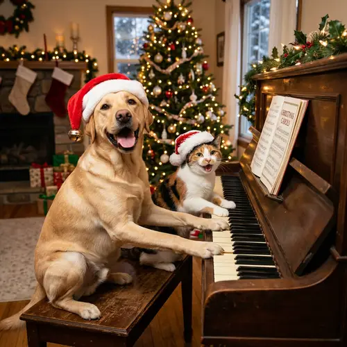 Joyful Cat and Dog in Christmas Hats Playing Piano Together