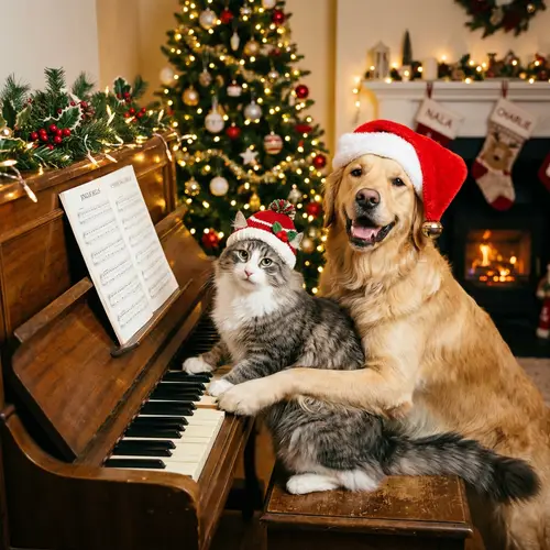 Happy Norwegian Cat and Golden Retriever Dog Playing Piano | Festive Fun