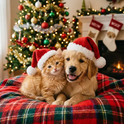 Tender Kitten and Puppy in Christmas Hats | Cute Holiday Pets