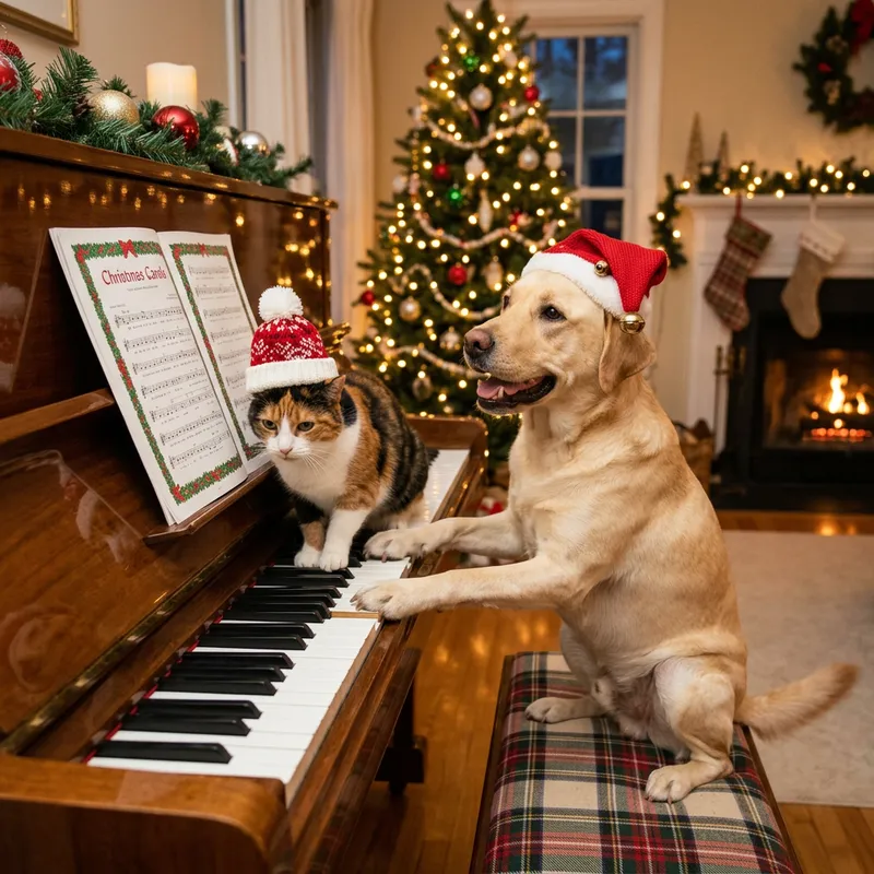 Realistic Tricolor Cat and Labrador Dog Christmas Piano Duet