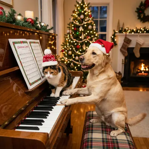 Tricolor Cat and Labrador Dog Christmas Piano Duet