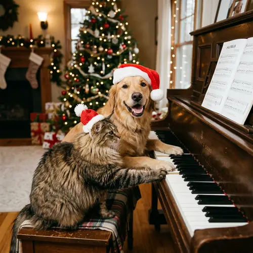 Norwegian Cat and Golden Retriever Playing Piano with Christmas Hats