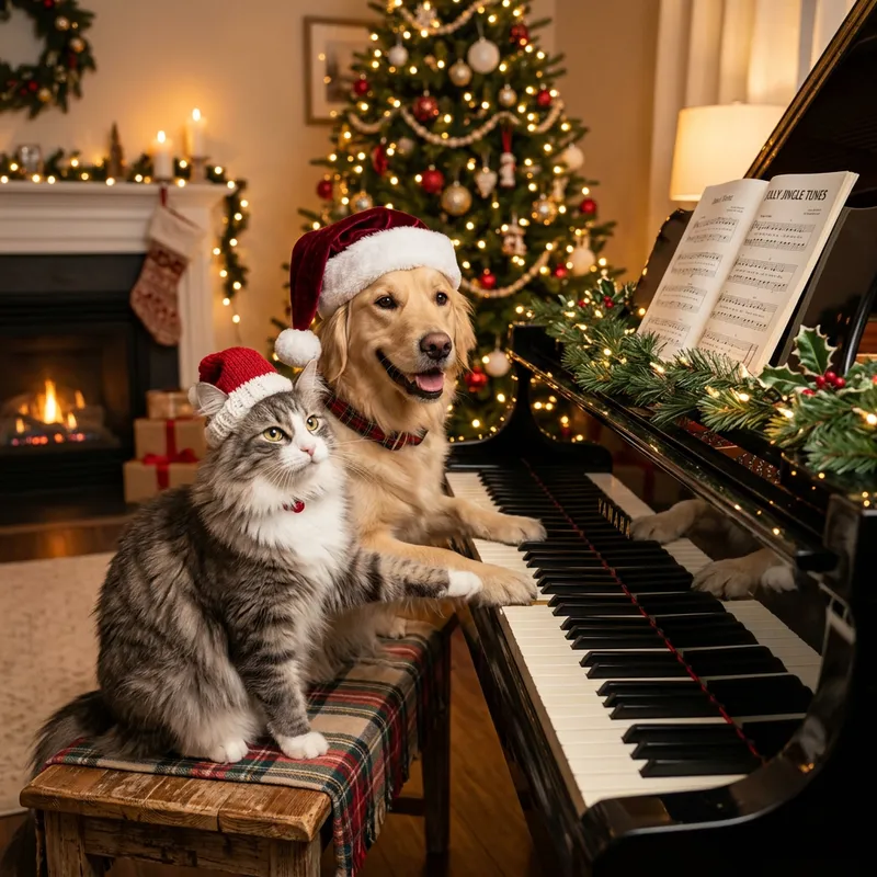 Happy Norwegian Cat and Golden Retriever Playing Festive Melodies