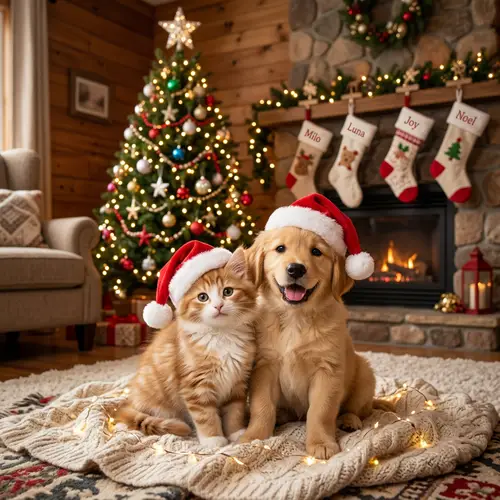 Tender Kitten and Puppy with Christmas Hats - Festive Room Scene
