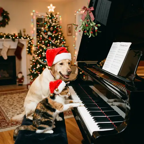 Festive Cat and Dog Piano Duet | Christmas Hats | Multicolored Lights