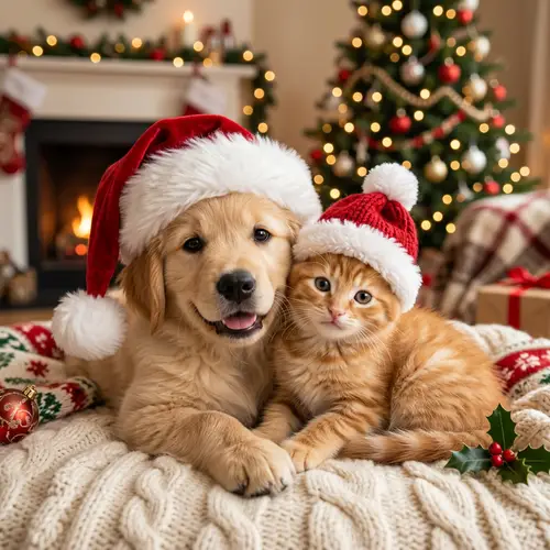 Cuddly Kitten and Puppy in Christmas Hats | Festive Holiday Scene