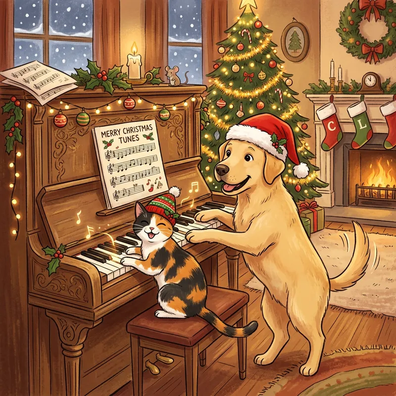 Tricolor Cat and Labrador Dog in Festive Hats Playing Piano Tricolor Cat and Labrador Dog in Festive Hats Playing Piano