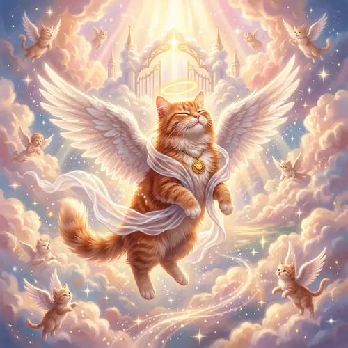 Angelic Red Cat with Wings among Clouds