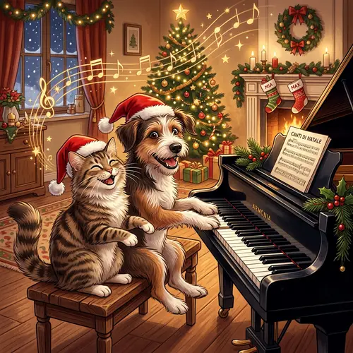 Happy Cat and Dog Playing Piano with Christmas Hats
