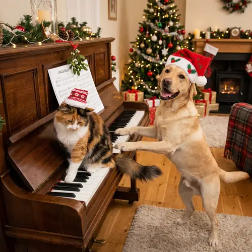 Joyous Cat and Dog Playing Piano with Christmas Hats