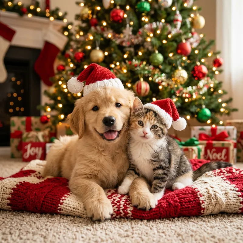 Cute Kitten and Puppy in Christmas Hats | Adorable Festive Pets