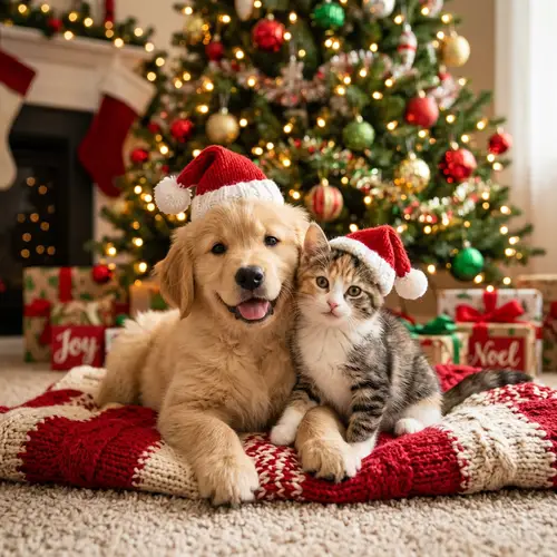 Expressive Kitten and Puppy in Christmas Hats | Warm and Playful Holiday Scene