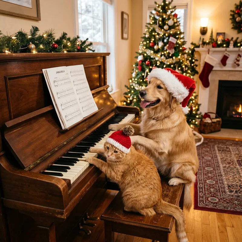 Happy Cat and Dog in Christmas Hats Playing Piano Happy Cat and Dog in Christmas Hats Playing Piano