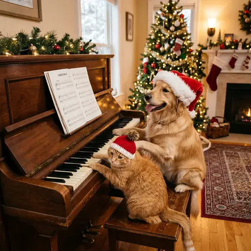 Joyful Cat and Dog Playing Piano in Festive Hats