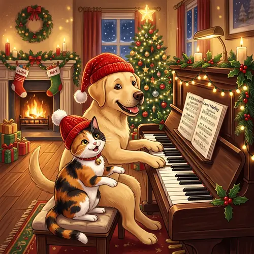 Christmas Cat and Dog Playing Piano | Cute Holiday Illustration