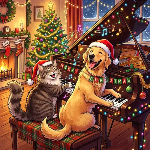 Joyful Norwegian Cat and Golden Retriever Playing Piano