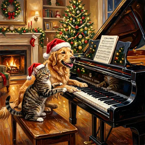 Christmas-themed Tabby Cat and Golden Retriever Piano Duet