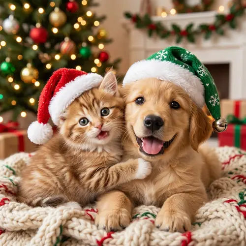 Adorable Kitten and Puppy Wearing Christmas Hats | Warm Holiday Scene