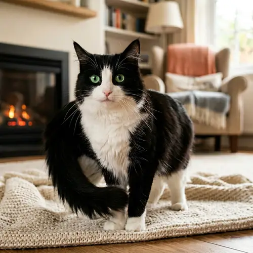 Green-Eyed Black & White Domestic Cat | Cozy & Relaxed Image