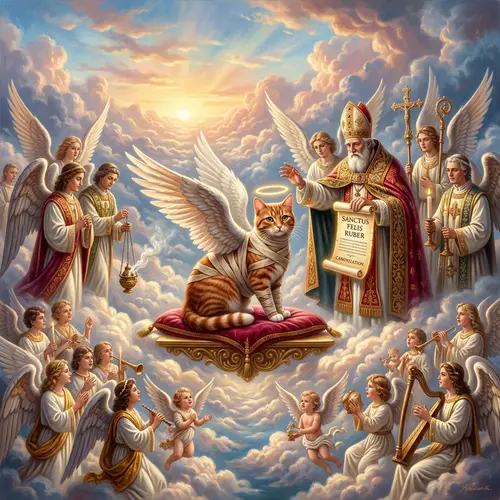 Realistic Red Cat with Angel Wings Painting Canonized in Clouds