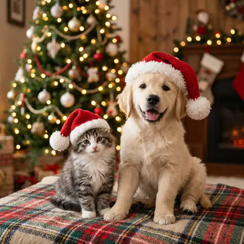 Kitten and Puppy in Christmas Hats | Cheerful Holiday Pets