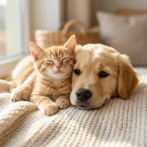 Tender Kitten and Puppy Smiling Together
