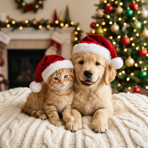 Tender Kitten and Puppy in Christmas Hats | Pet Holiday Cheer