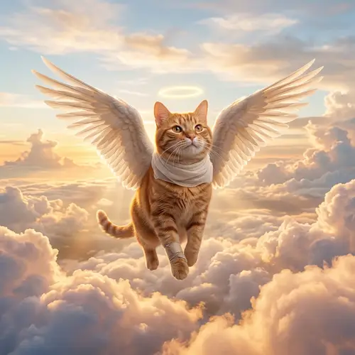 Red Cat with Angel Wings in Heavenly Clouds