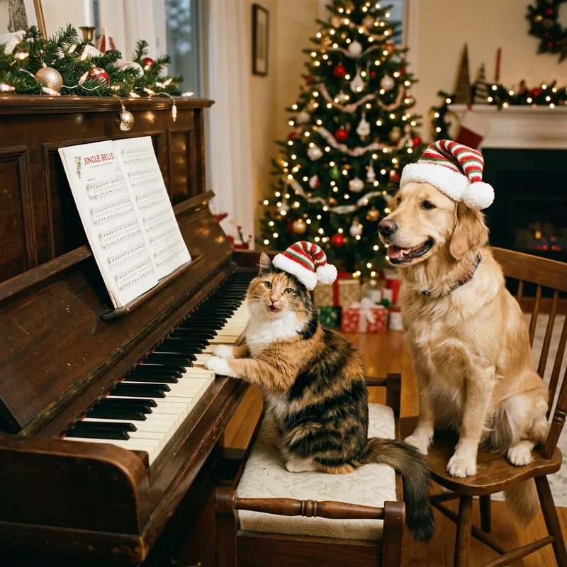 Happy Cat and Dog in Christmas Hats Play Piano Happy Cat and Dog in Christmas Hats Play Piano
