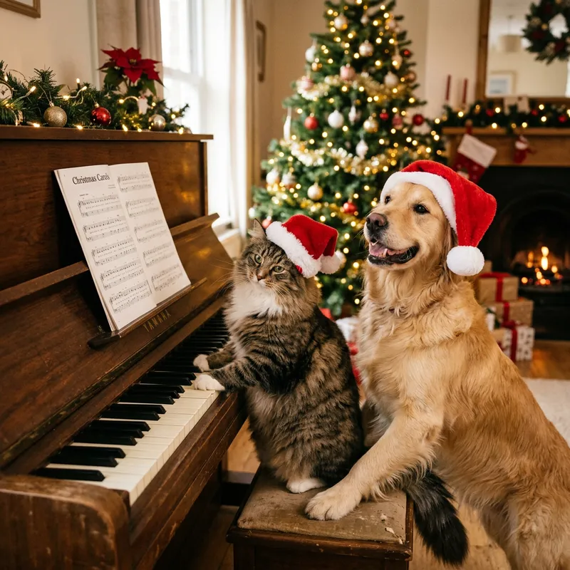 Norwegian Cat and Golden Retriever Festive Piano Harmony